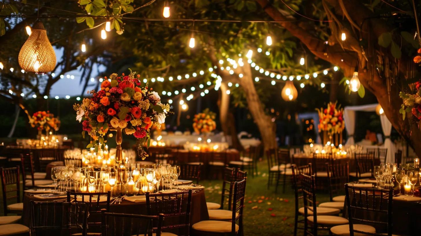 wedding outdoors, lighting, chairs and tables, flowers for decor