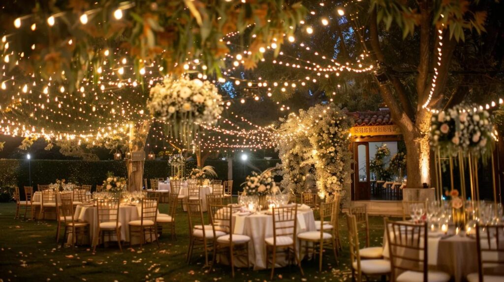 wedding outdoors, lighting, chairs and tables, flowers for decor