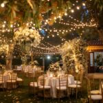 wedding outdoors, lighting, chairs and tables, flowers for decor