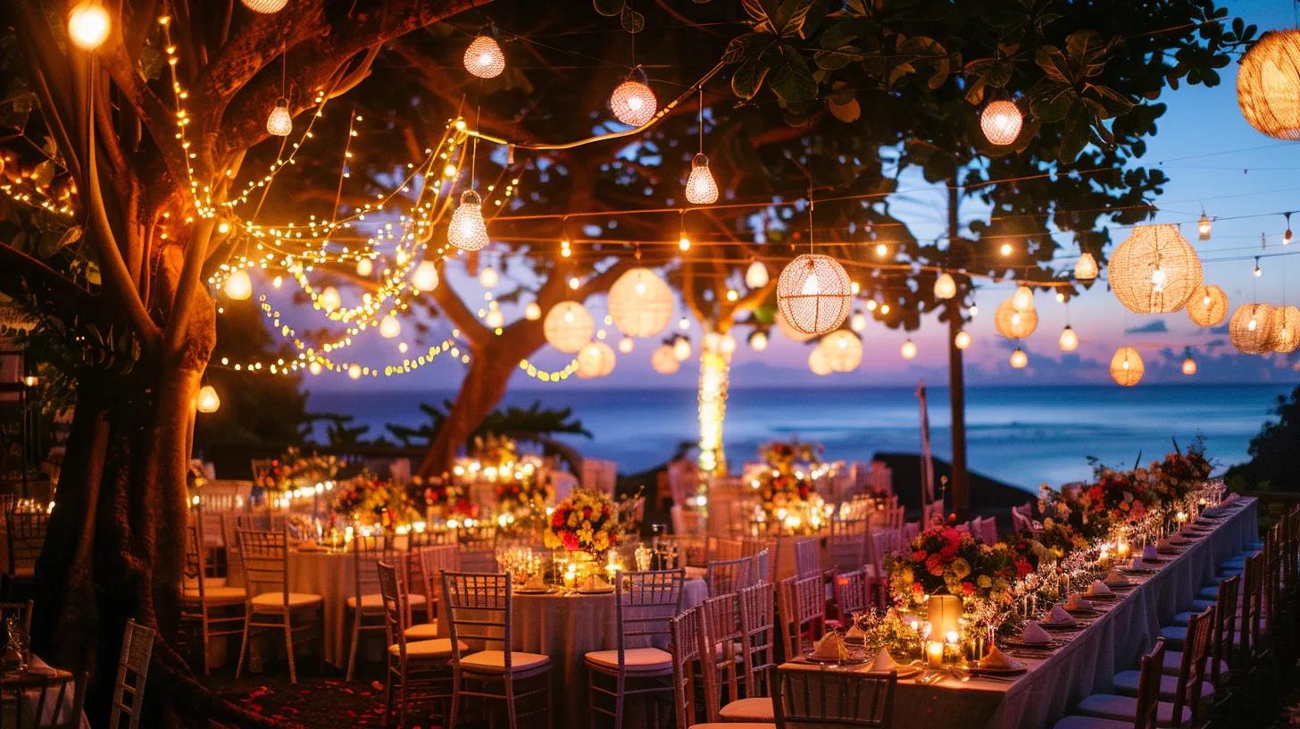wedding outdoors, lighting, chairs and tables, flowers for decor