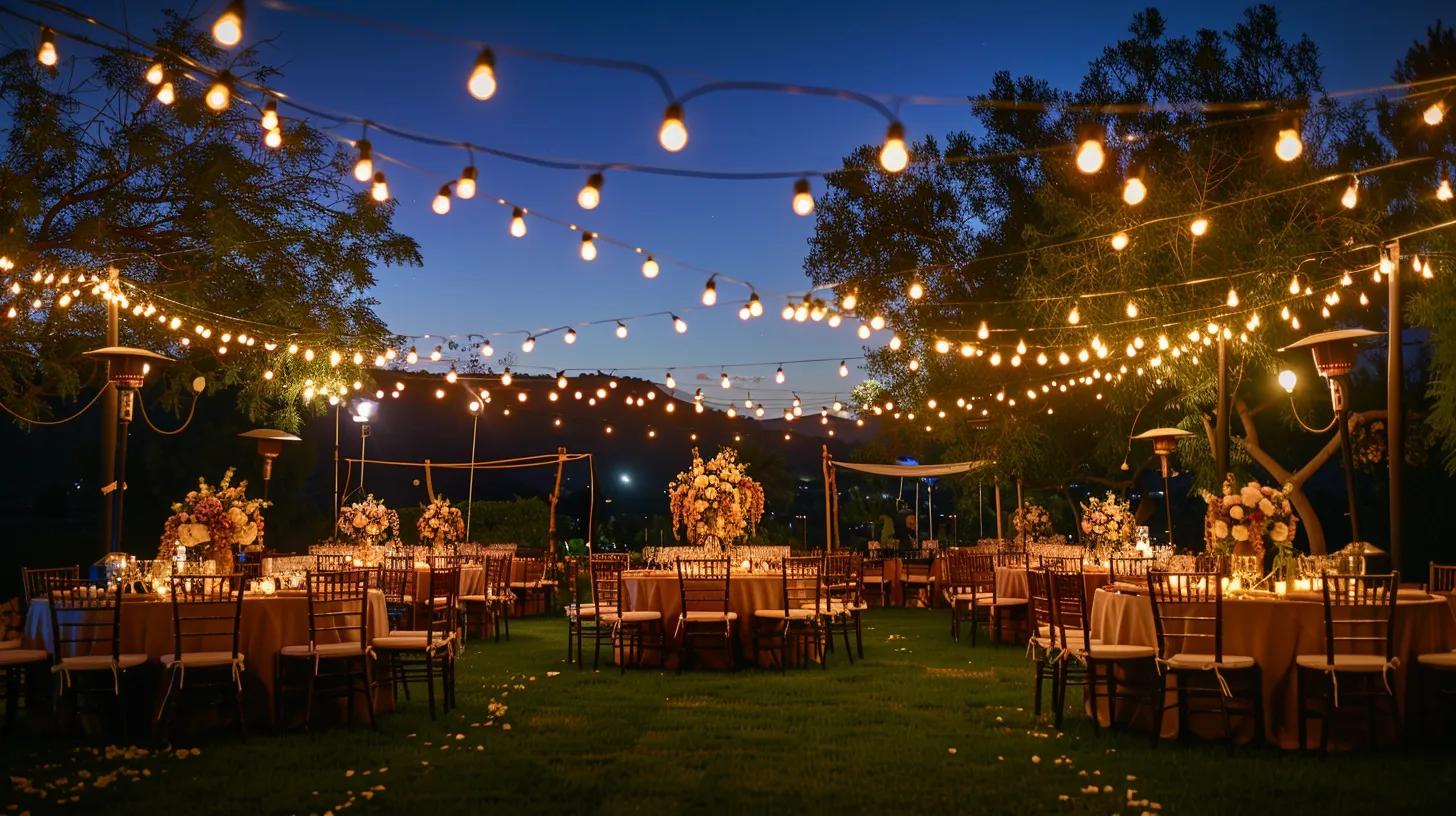 outdoor wedding, lighting, chairs and tables