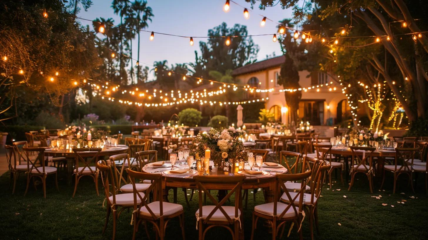 outdoor wedding, lighting, chairs and tables