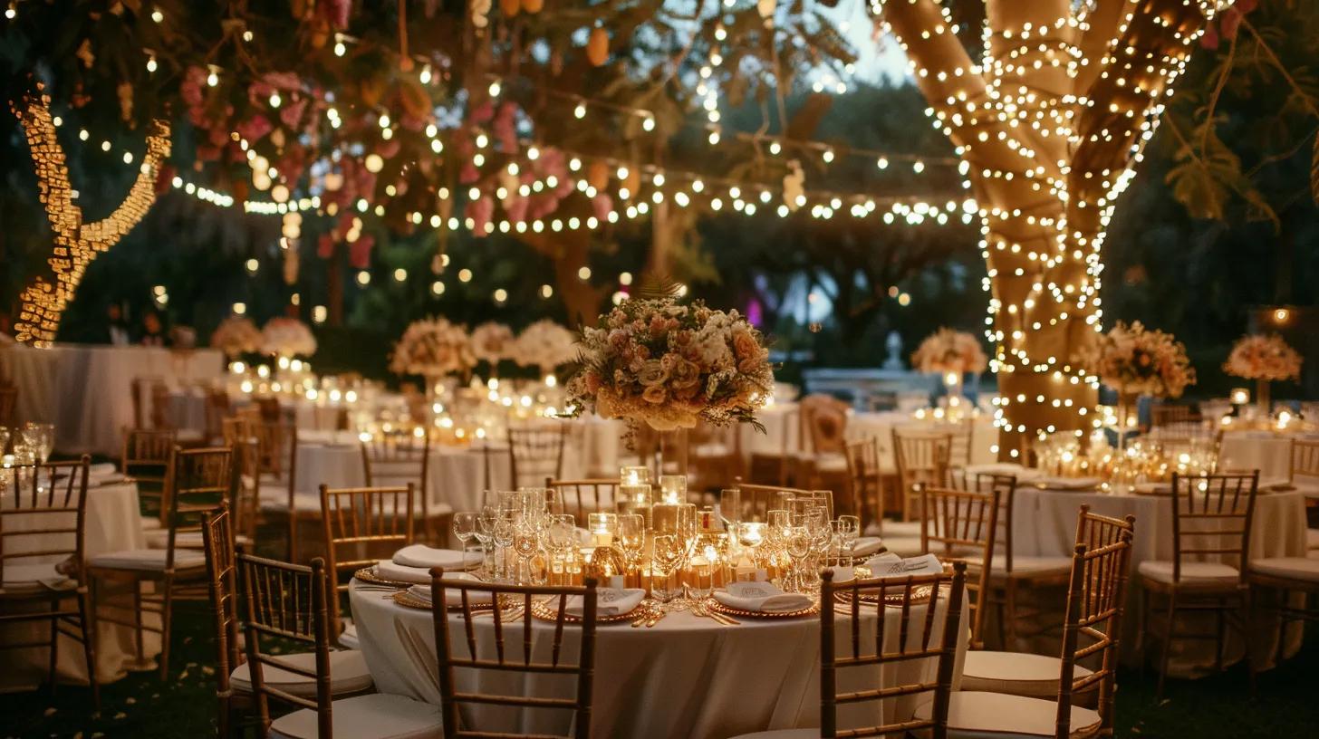 outdoor wedding, lighting, chairs and tables