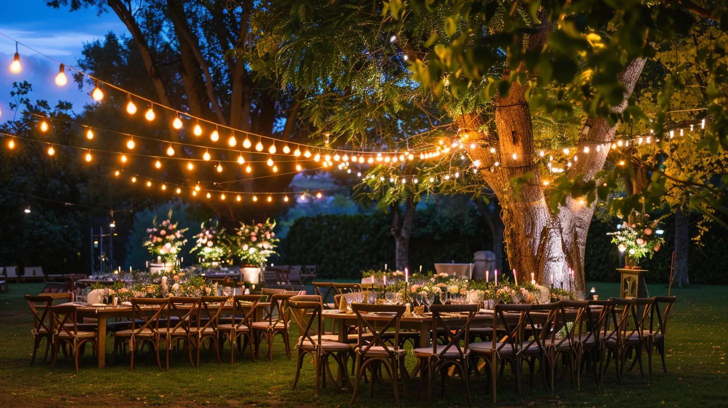 outdoor wedding venue, lighting, chairs and tables