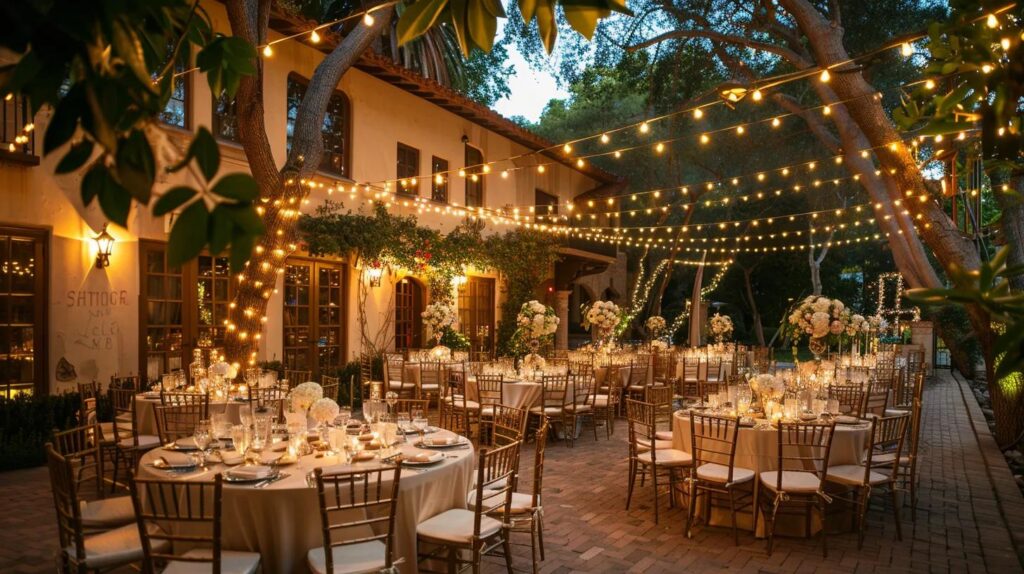 outdoor wedding venue, lighting, chairs and tables