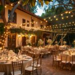 outdoor wedding venue, lighting, chairs and tables