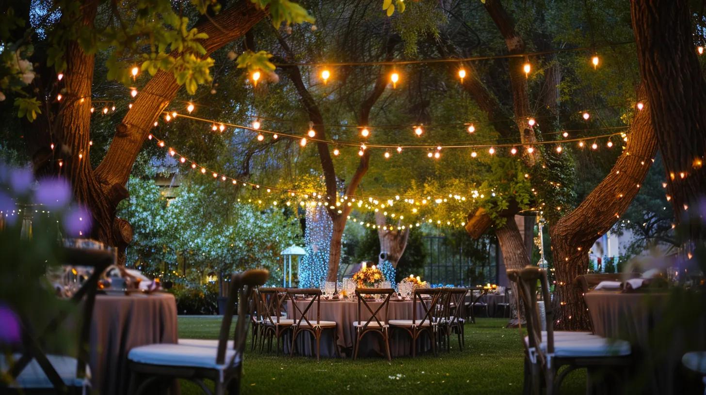 outdoor wedding venue, lighting, chairs and tables