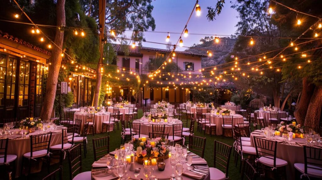 outdoor wedding venue, lighting, chairs and tables