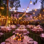 outdoor wedding venue, lighting, chairs and tables