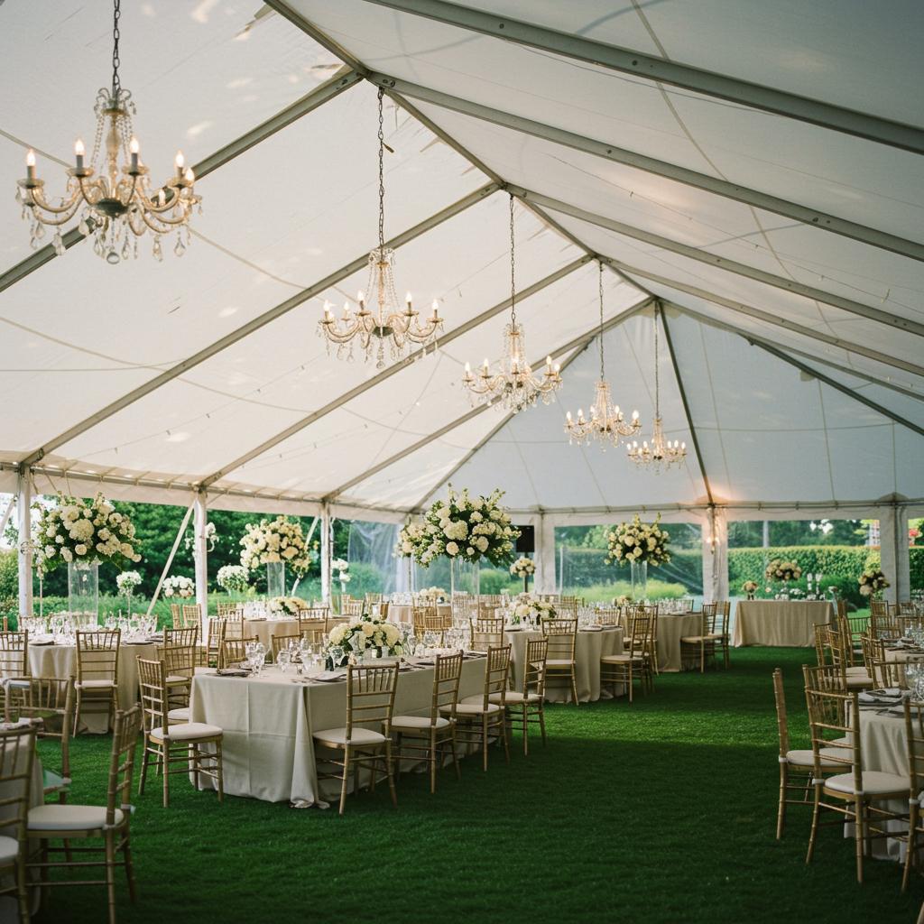 Elegant sailcloth wedding tent setup showcasing luxurious outdoor wedding rentals