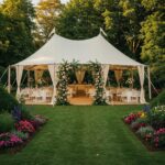 Magical outdoor wedding ambiance with string lights and chandeliers