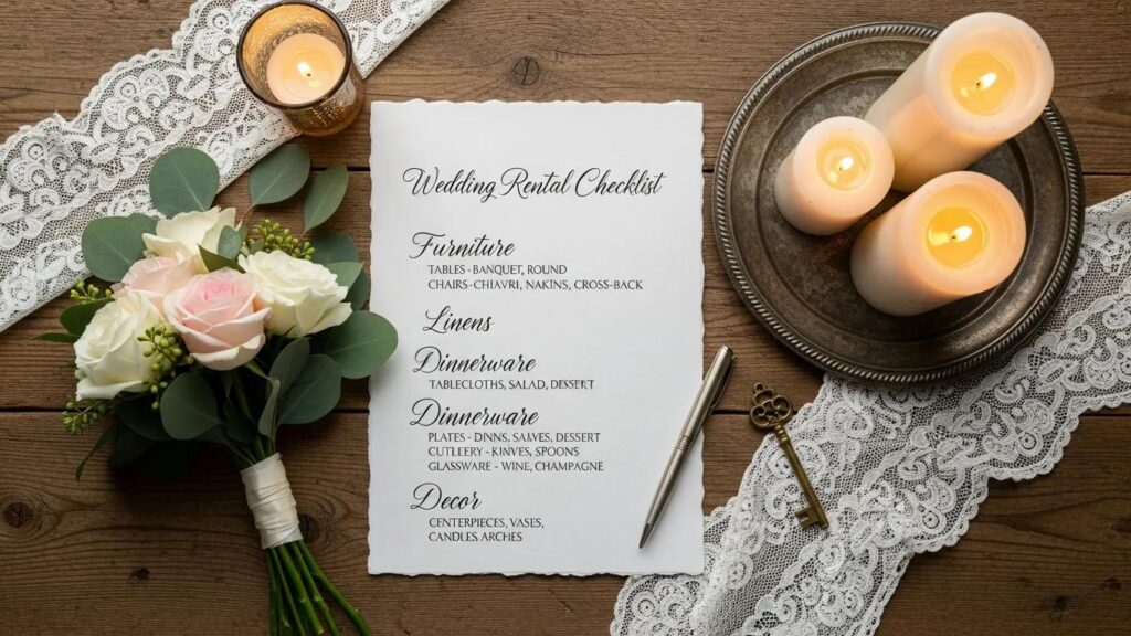Flat lay of a wedding rental checklist with decorative elements on a rustic table
