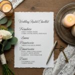 Flat lay of a wedding rental checklist with decorative elements on a rustic table
