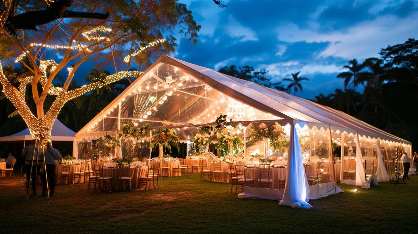 outdoor wedding tent setup, nighttime, lighting, tables and chairs, decor