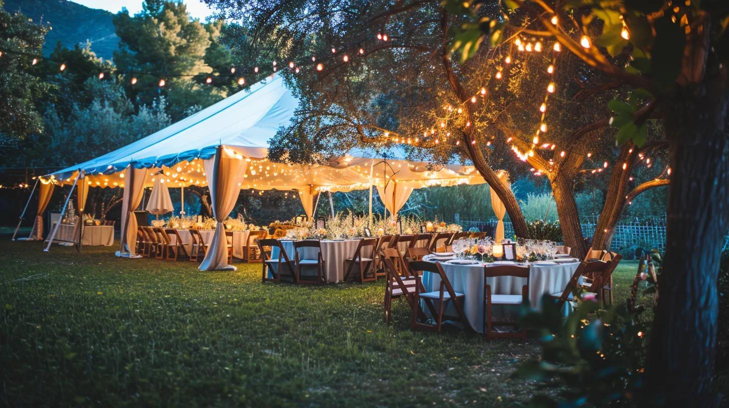 Outdoor wedding with tent, lighting, chairs and tables