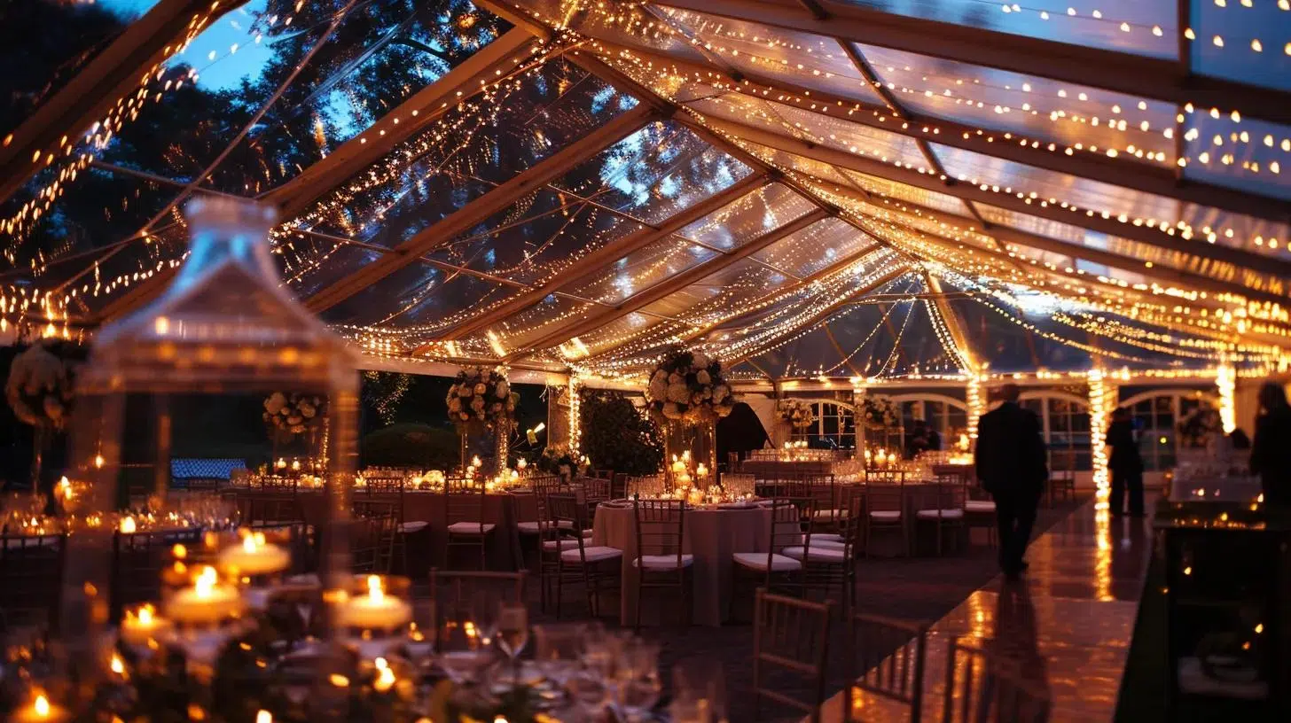 wedding tent, lighting, table and chair, decor