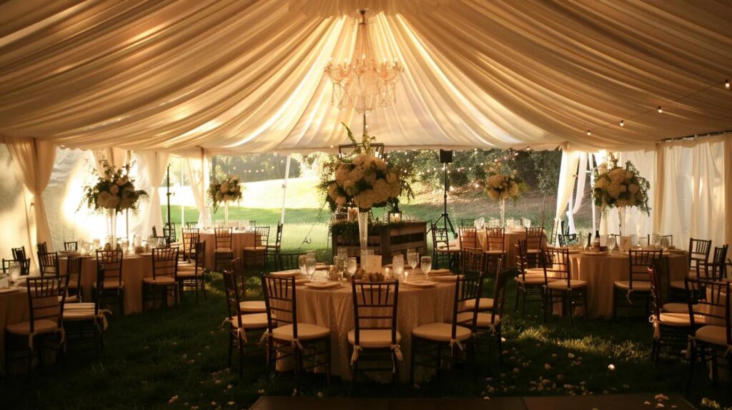 wedding tent, lighting, table and chair, decor