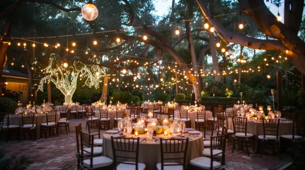 outdoor wedding venue, lighting, chairs and tables