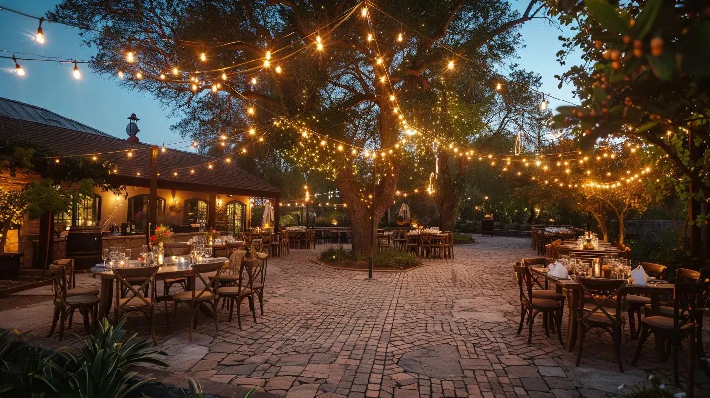outdoor wedding venue, lighting, chairs and tables
