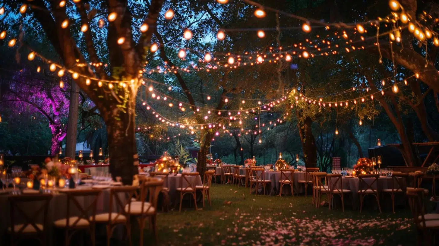 outdoor wedding venue, lighting, chairs and tables