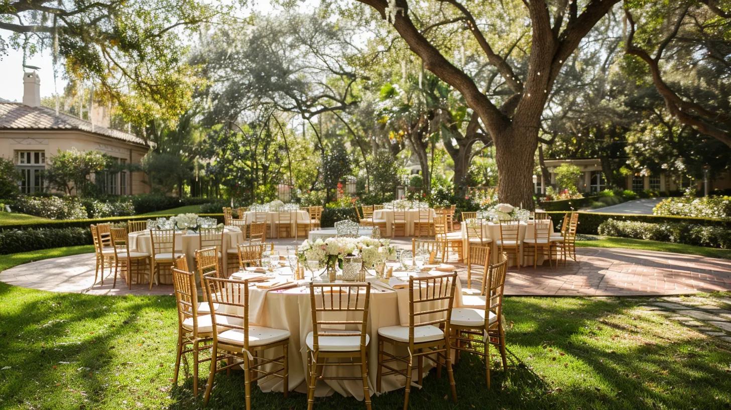 outdoor wedding venue, chairs and tables linens