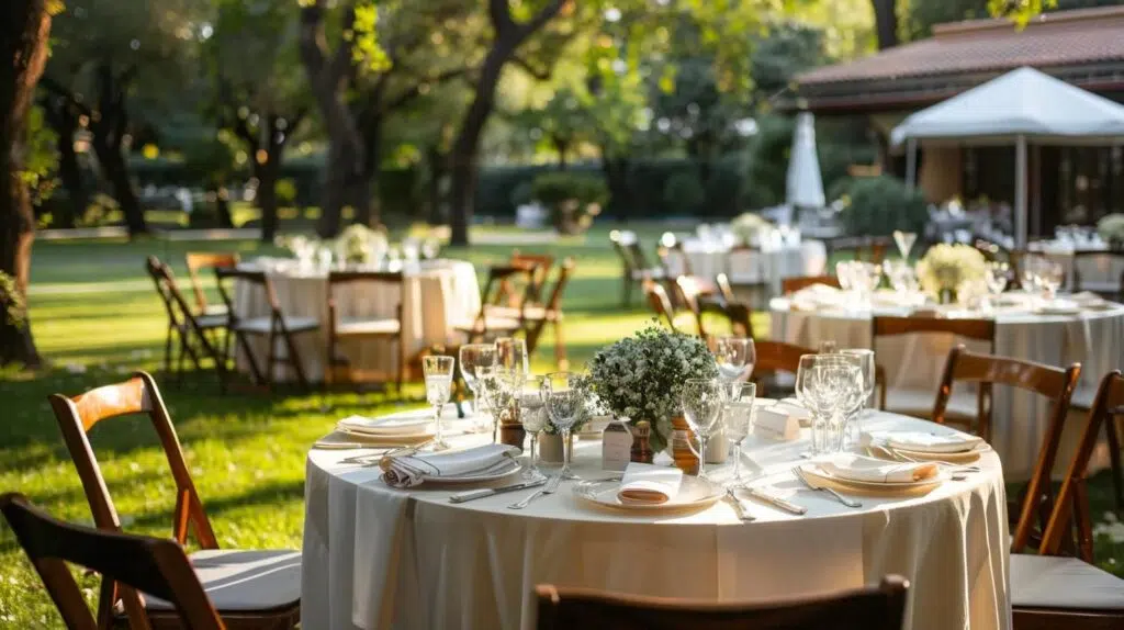 outdoor wedding venue, chairs and tables linens