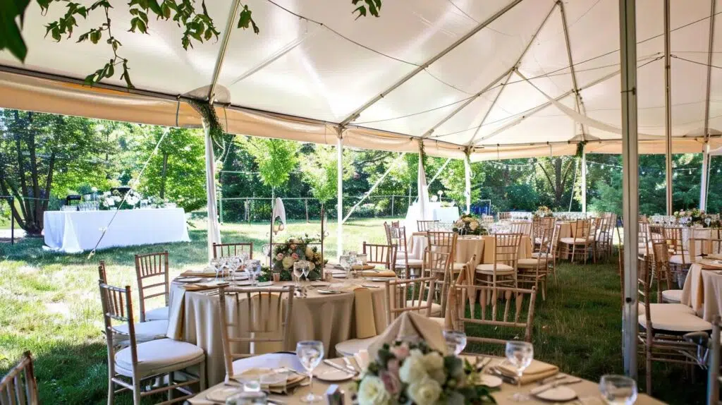 outdoor wedding tent, chairs and tables linens