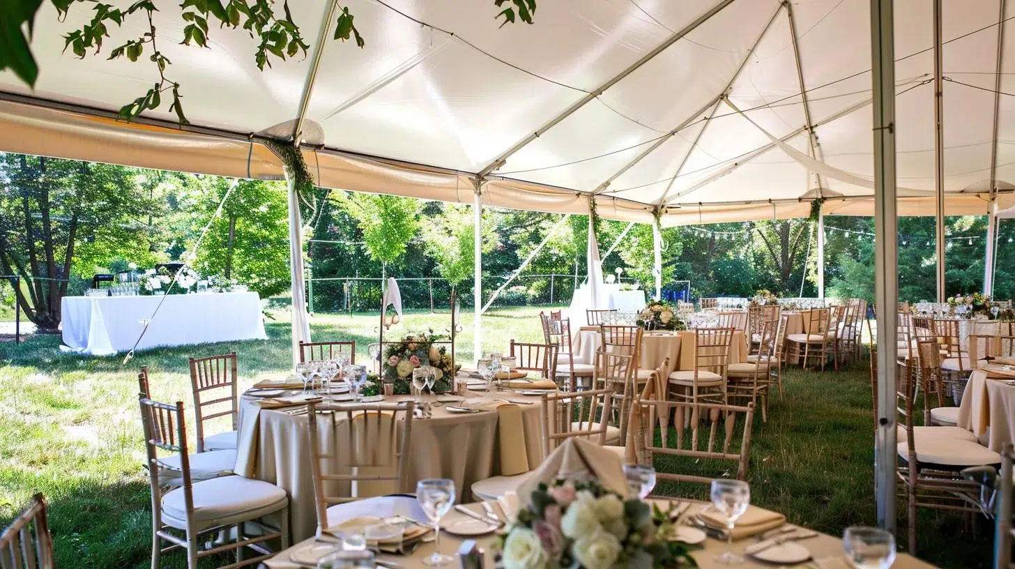 outdoor wedding tent, chairs and tables linens