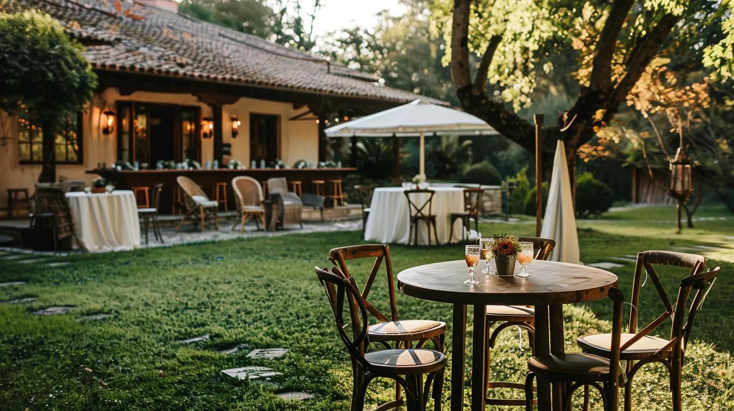 outdoor wedding venue, chairs and tables, bar