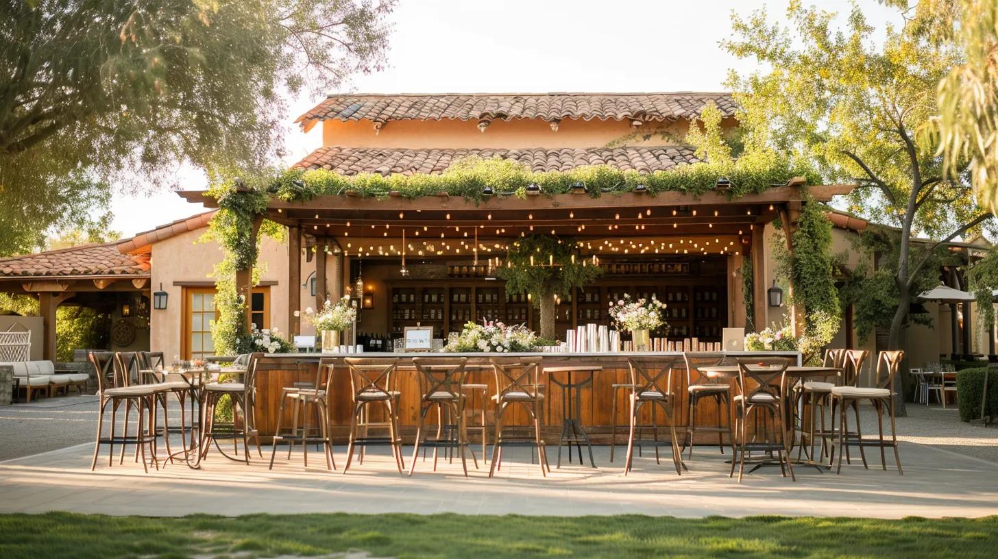 outdoor wedding venue, chairs and tables, bar