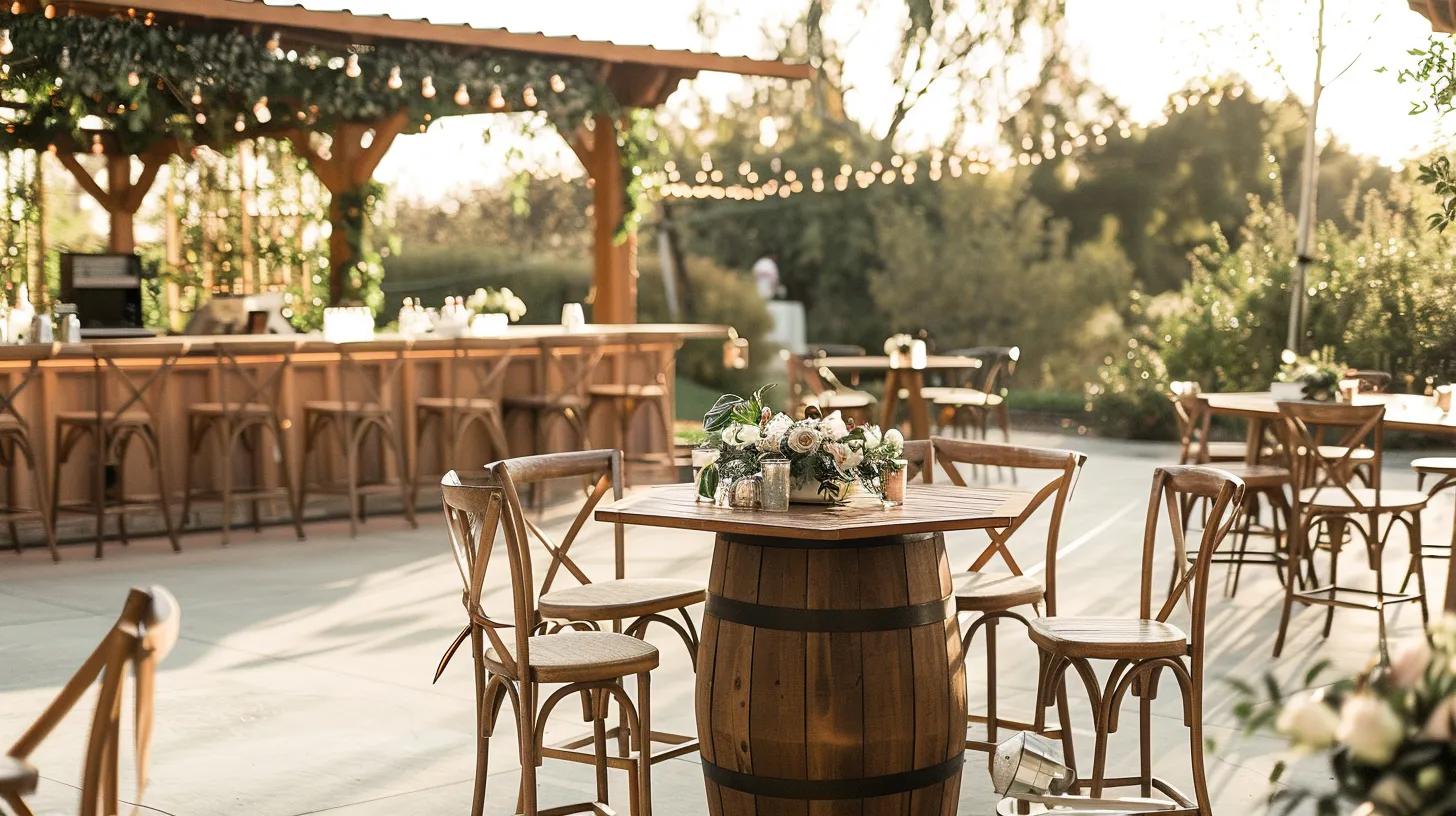 outdoor wedding venue, chairs and tables, bar