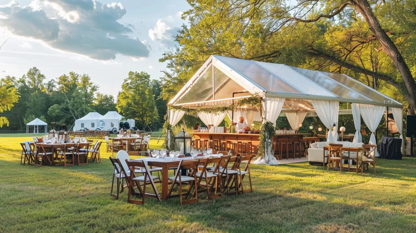 outdoor wedding tent, chairs and tables, bar