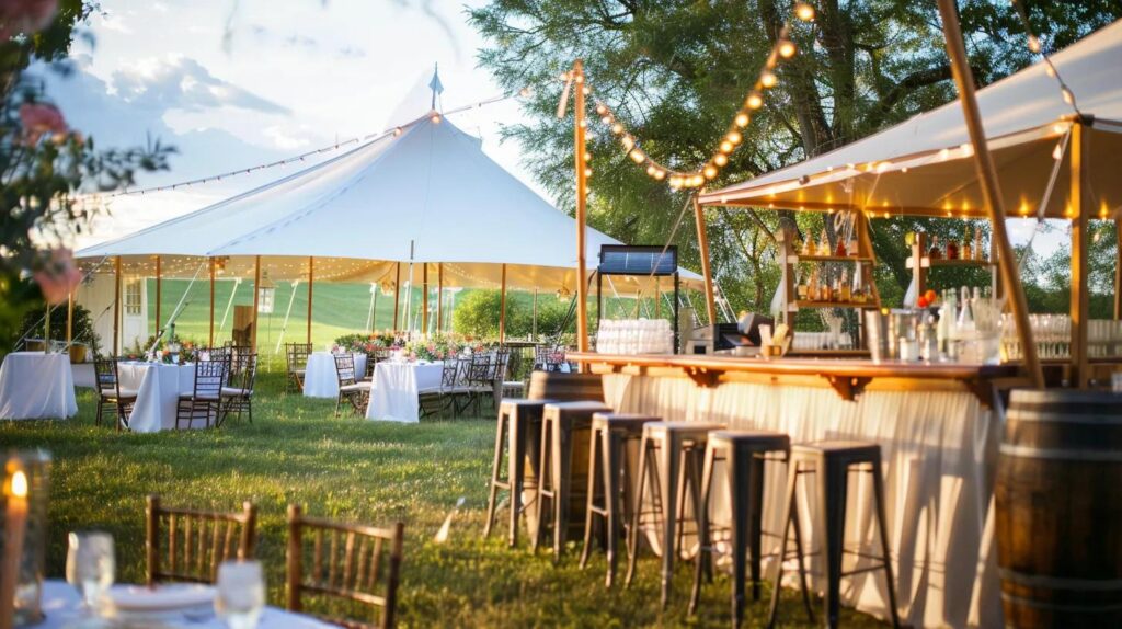 outdoor wedding tent, chairs and tables, bar
