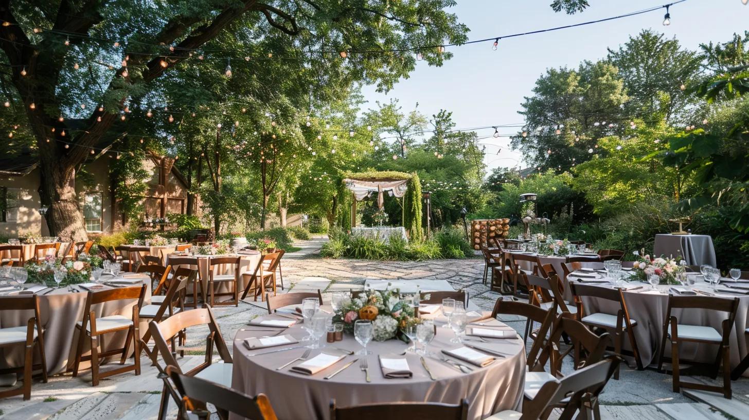 Backyard wedding event layout, tables chairs and decor