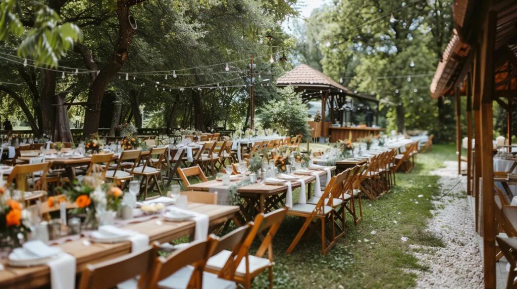 outdoor wedding in summer, table chairs and decor