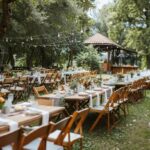 outdoor wedding in summer, table chairs and decor
