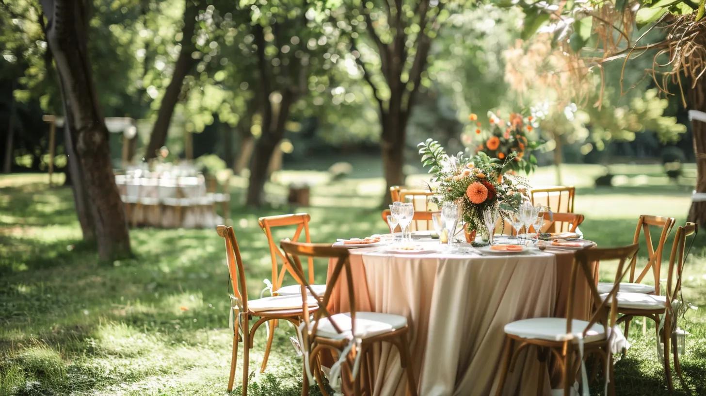 outdoor wedding in summer, table chairs and decor