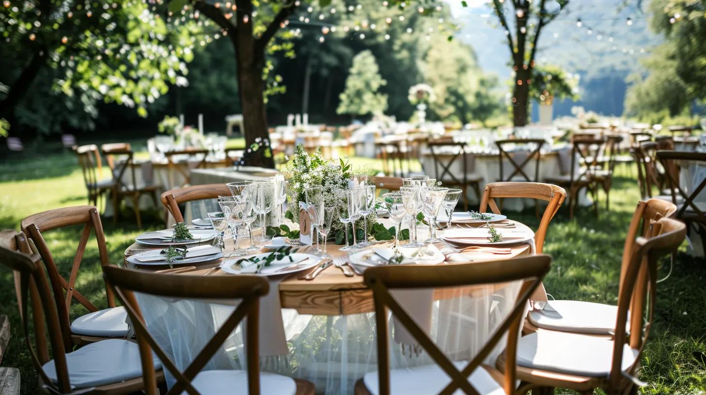 Backyard wedding in summer, table chairs and decor