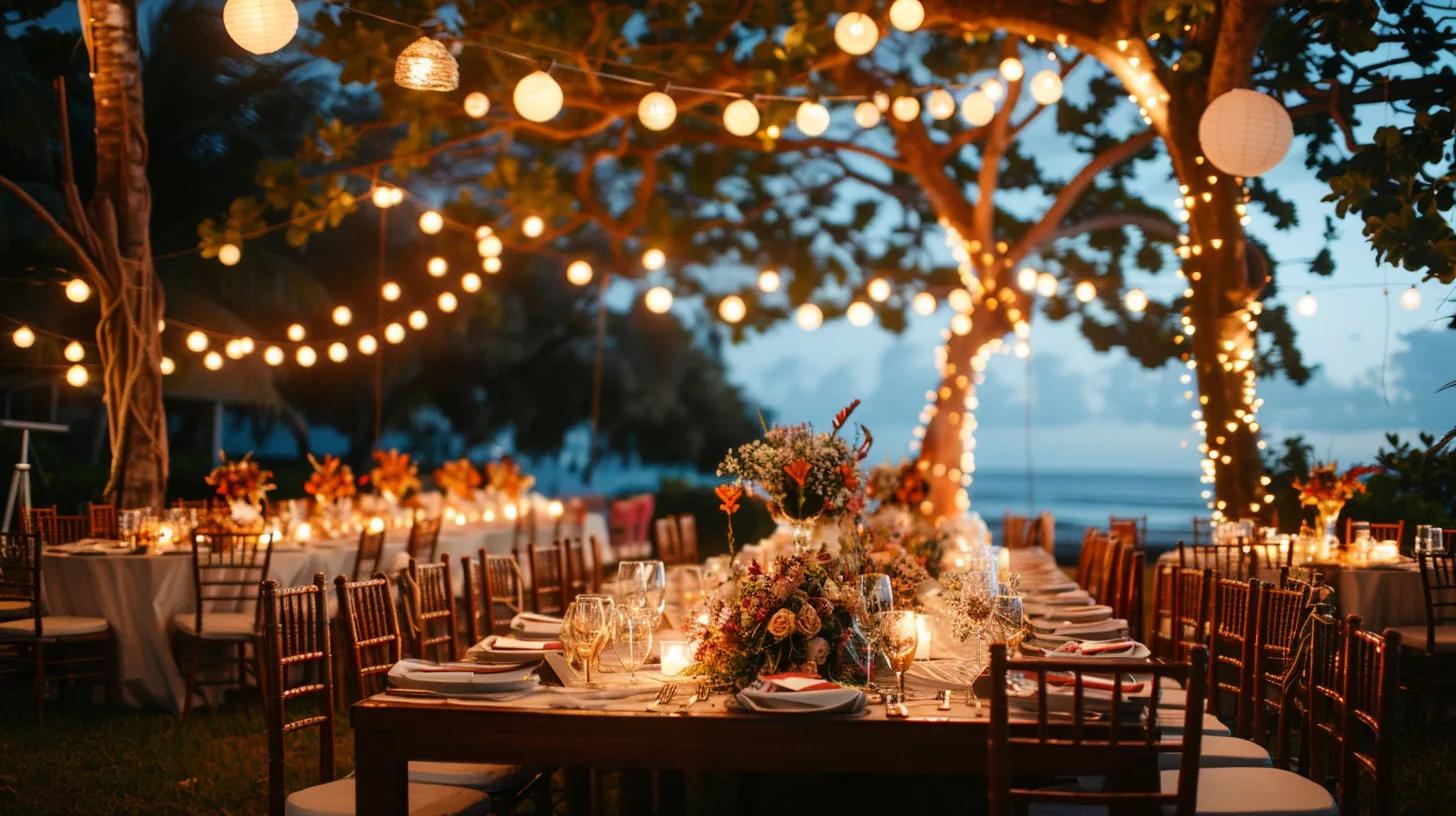 Backyard wedding evening time under string lights, table chairs and decor