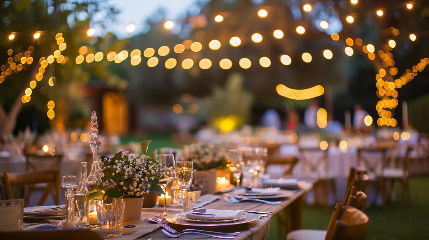 outdoor wedding evening time, table chairs and decor