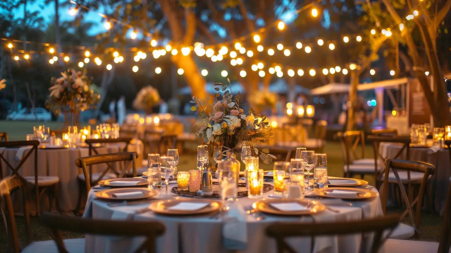 outdoor wedding evening time, table chairs and decor