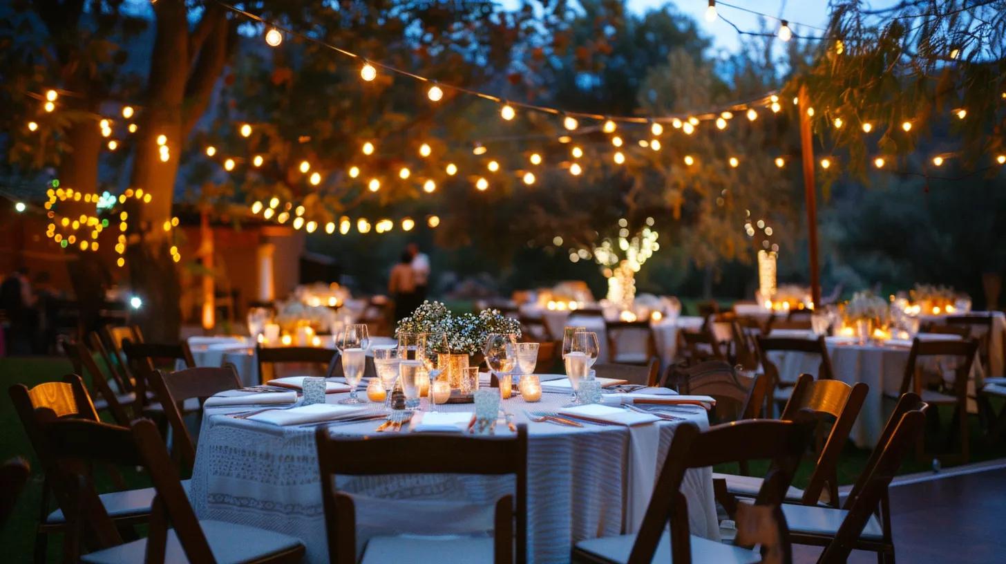 outdoor wedding evening time, table chairs and decor