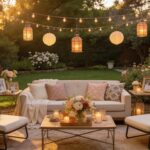 Stylish outdoor decorations for a cozy backyard gathering featuring lounge seating and thematic decor