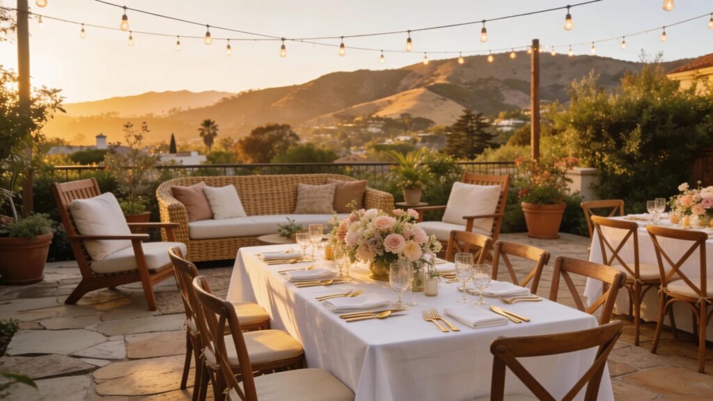 Cozy backyard gathering setup in Santa Barbara with elegant table settings and comfortable seating