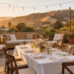 Cozy backyard gathering setup in Santa Barbara with elegant table settings and comfortable seating