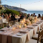 wedding cocktail table with elegant glassware champagne flutes wine glasses and soft floral backdrop