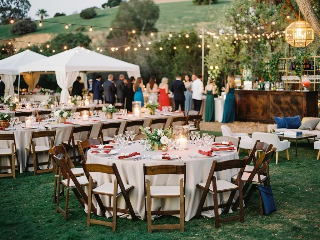 Santa Barbara wedding reception tables with elegant floral arrangements and warm ambient lighting