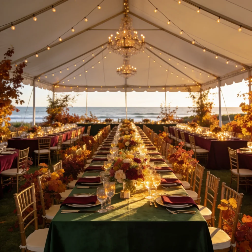 Outdoor fall party setup in Santa Barbara with vibrant colors and cozy atmosphere