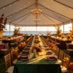 Outdoor fall party setup in Santa Barbara with vibrant colors and cozy atmosphere