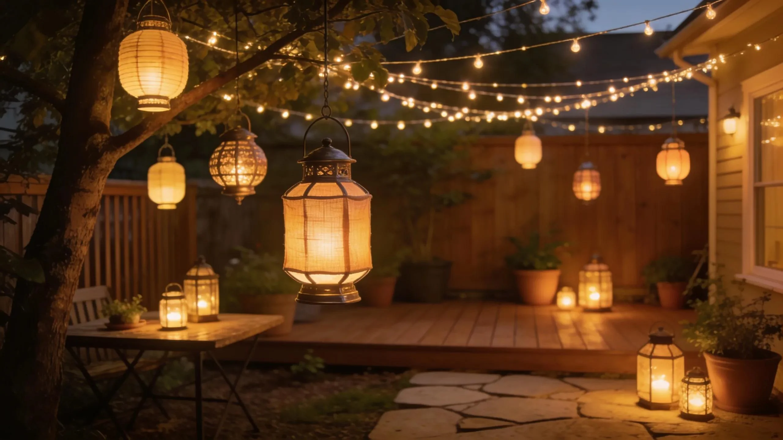 Charming outdoor lighting setup featuring string lights and lanterns for a cozy backyard ambiance